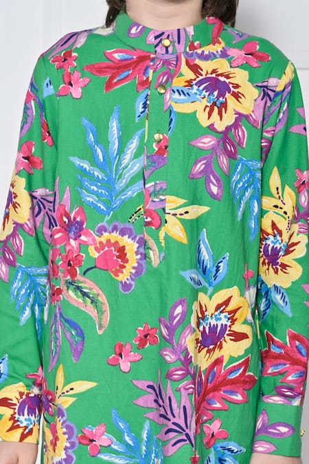 Shop_The Pony & Peony Co._Green Cotton Floral Pattern Kurta With Pant _Online_at_Aza_Fashions