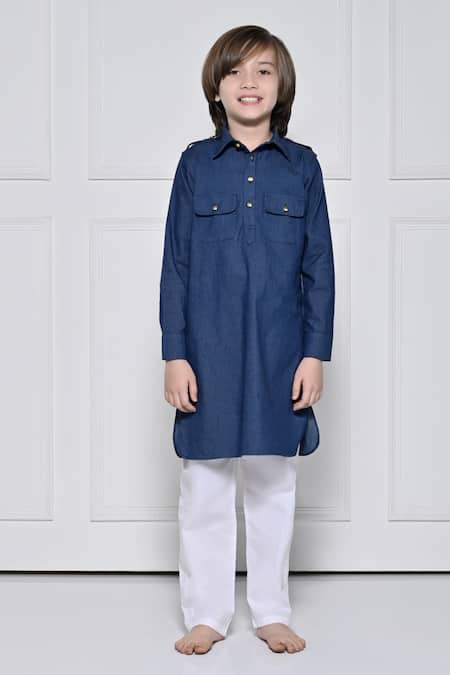 The Pony & Peony Co. Blue Cotton Plain Kurta With Pant 