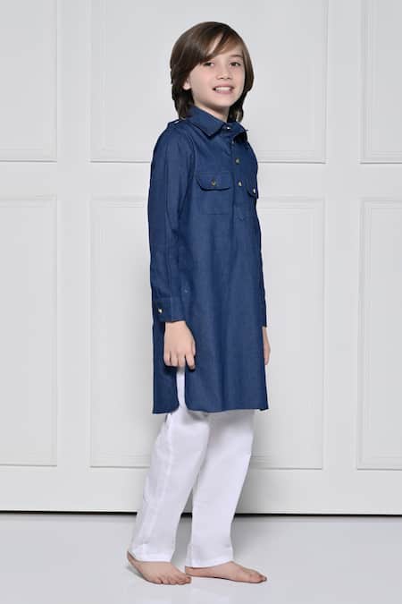 The Pony & Peony Co._Blue Cotton Plain Kurta With Pant _Online_at_Aza_Fashions