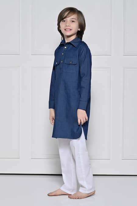Buy_The Pony & Peony Co._Blue Cotton Plain Kurta With Pant _Online_at_Aza_Fashions