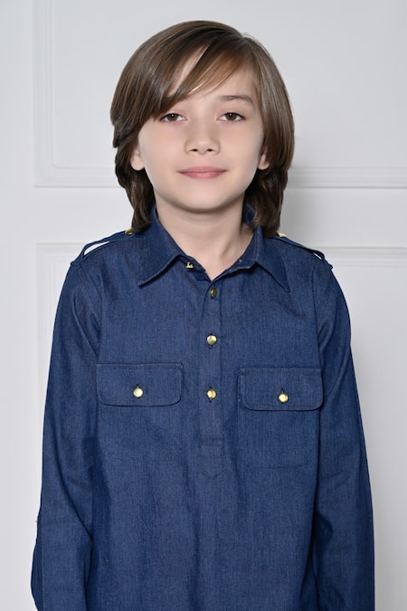 Shop_The Pony & Peony Co._Blue Cotton Plain Kurta With Pant _Online_at_Aza_Fashions