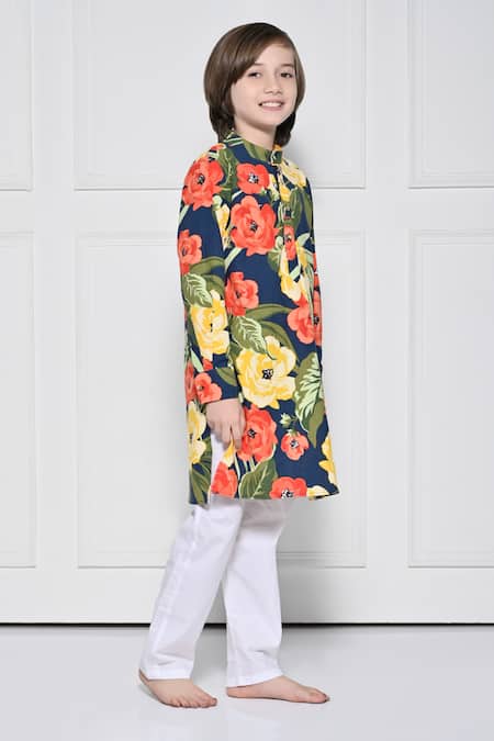 The Pony & Peony Co._Blue Cotton Floral Pattern Kurta With Pant _Online_at_Aza_Fashions