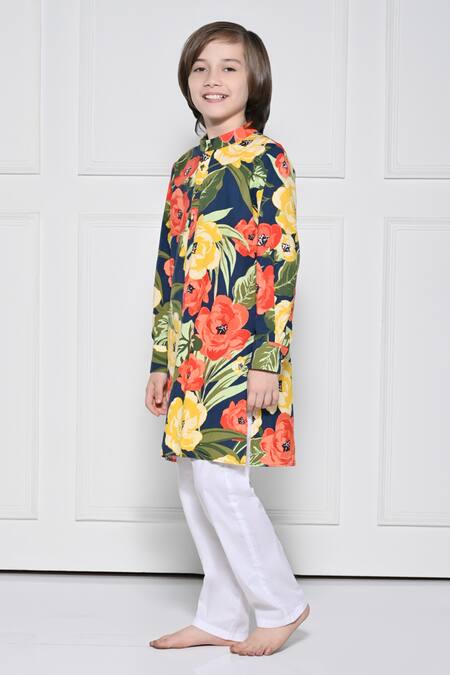 Shop_The Pony & Peony Co._Blue Cotton Floral Pattern Kurta With Pant _Online_at_Aza_Fashions