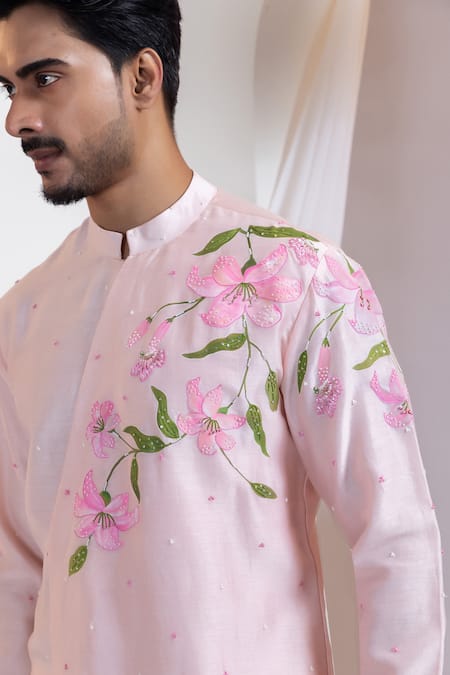 Shop Smriti By Anju Agarwal Pink Chanderi, Cotton Embroidery Blushcrest Floral Pattern Kurta With Pant Online at Aza Fashions Shop_Smriti By Anju Agarwal_Pink Chanderi, Cotton Embroidery Blushcrest Floral Pattern Kurta With Pant _Online_at_Aza_Fashions