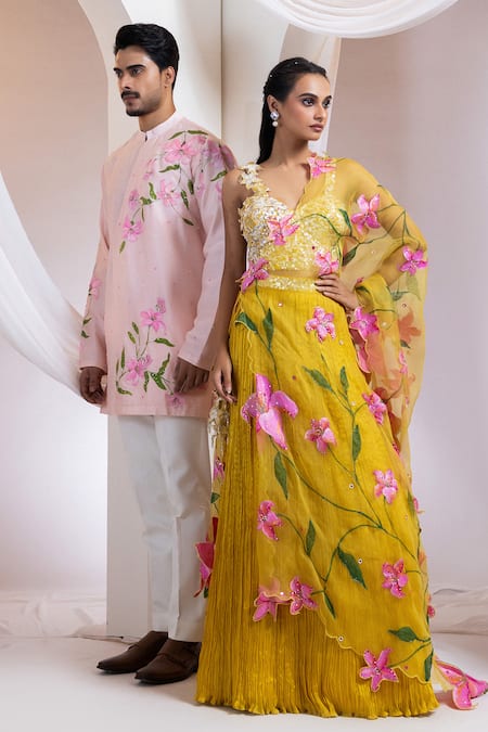 Smriti By Anju Agarwal Pink Chanderi, Cotton Embroidery Blushcrest Floral Pattern Kurta With Pant at Aza Fashions Smriti By Anju Agarwal_Pink Chanderi, Cotton Embroidery Blushcrest Floral Pattern Kurta With Pant _at_Aza_Fashions