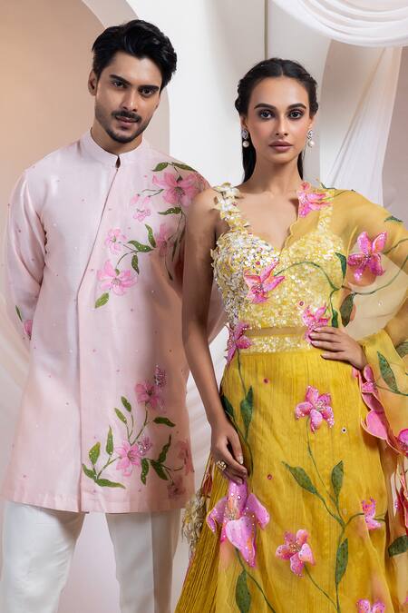 Buy Smriti By Anju Agarwal Pink Chanderi, Cotton Embroidery Blushcrest Floral Pattern Kurta With Pant Buy_Smriti By Anju Agarwal_Pink Chanderi, Cotton Embroidery Blushcrest Floral Pattern Kurta With Pant