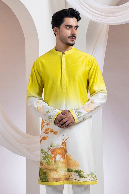 Buy Smriti By Anju Agarwal Yellow Chanderi, Cotton Embroidery Forest Gaze Kurta With Pant Online at Aza Fashions Buy_Smriti By Anju Agarwal_Yellow Chanderi, Cotton Embroidery Forest Gaze Kurta With Pant _Online_at_Aza_Fashions