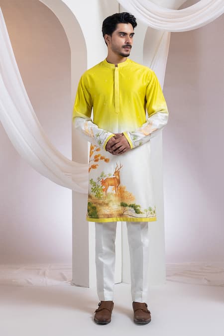 Smriti By Anju Agarwal Yellow Chanderi, Cotton Embroidery Forest Gaze Kurta With Pant 