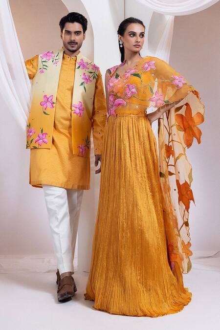 Buy Smriti By Anju Agarwal Mustard Chanderi Embroidery Blossom Nehru Jacket Online at Aza Fashions Buy_Smriti By Anju Agarwal_Mustard Chanderi Embroidery Blossom Nehru Jacket _Online_at_Aza_Fashions