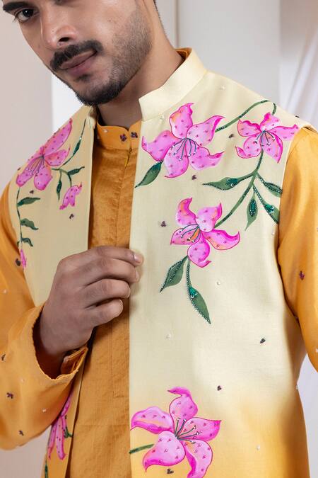 Shop Smriti By Anju Agarwal Mustard Chanderi Embroidery Blossom Nehru Jacket Online at Aza Fashions Shop_Smriti By Anju Agarwal_Mustard Chanderi Embroidery Blossom Nehru Jacket _Online_at_Aza_Fashions