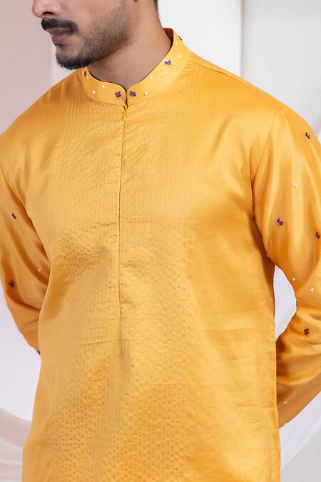 Smriti By Anju Agarwal Mustard Chanderi, Cotton Embroidery Etched Dusk Kurta With Pant Online at Aza Fashions Smriti By Anju Agarwal_Mustard Chanderi, Cotton Embroidery Etched Dusk Kurta With Pant _Online_at_Aza_Fashions