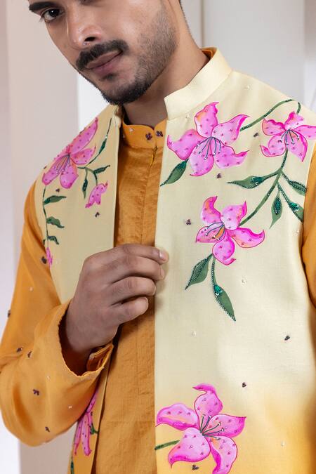 Smriti By Anju Agarwal Mustard Chanderi, Cotton Embroidery Etch Line Kurta And Blosson Nehru Jacket Set Online at Aza Fashions Smriti By Anju Agarwal_Mustard Chanderi, Cotton Embroidery Etch Line Kurta And Blosson Nehru Jacket Set _Online_at_Aza_Fashions