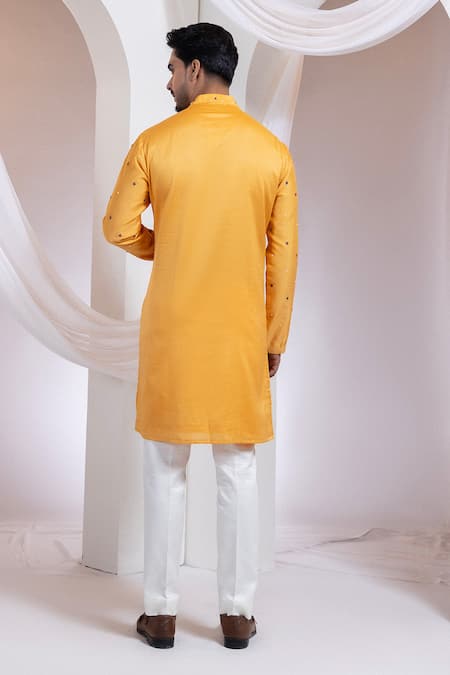 Buy Smriti By Anju Agarwal Mustard Chanderi, Cotton Embroidery Etch Line Kurta And Blosson Nehru Jacket Set Online at Aza Fashions Buy_Smriti By Anju Agarwal_Mustard Chanderi, Cotton Embroidery Etch Line Kurta And Blosson Nehru Jacket Set _Online_at_Aza_Fashions