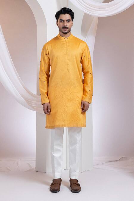 Shop Smriti By Anju Agarwal Mustard Chanderi, Cotton Embroidery Etch Line Kurta And Blosson Nehru Jacket Set Online at Aza Fashions Shop_Smriti By Anju Agarwal_Mustard Chanderi, Cotton Embroidery Etch Line Kurta And Blosson Nehru Jacket Set _Online_at_Aza_Fashions