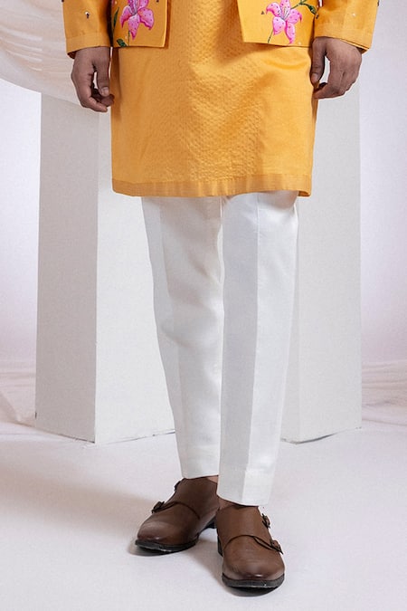 Smriti By Anju Agarwal Mustard Chanderi, Cotton Embroidery Etch Line Kurta And Blosson Nehru Jacket Set at Aza Fashions Smriti By Anju Agarwal_Mustard Chanderi, Cotton Embroidery Etch Line Kurta And Blosson Nehru Jacket Set _at_Aza_Fashions