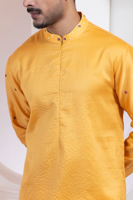 Buy Smriti By Anju Agarwal Mustard Chanderi, Cotton Embroidery Etch Line Kurta And Blosson Nehru Jacket Set Buy_Smriti By Anju Agarwal_Mustard Chanderi, Cotton Embroidery Etch Line Kurta And Blosson Nehru Jacket Set