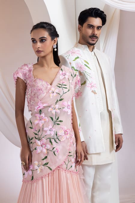 Buy Smriti By Anju Agarwal Ivory Chanderi Embroidery Floral Pattern Jacket And Pant Set Online at Aza Fashions Buy_Smriti By Anju Agarwal_Ivory Chanderi Embroidery Floral Pattern Jacket And Pant Set _Online_at_Aza_Fashions