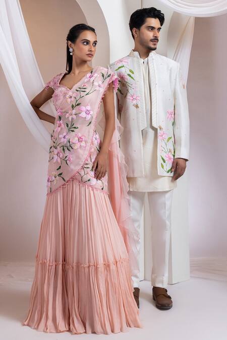 Shop Smriti By Anju Agarwal Ivory Chanderi Embroidery Floral Pattern Jacket And Pant Set Online at Aza Fashions Shop_Smriti By Anju Agarwal_Ivory Chanderi Embroidery Floral Pattern Jacket And Pant Set _Online_at_Aza_Fashions