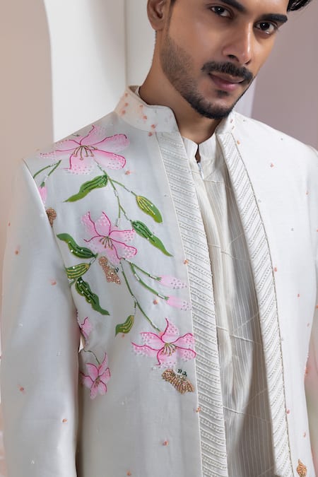 Smriti By Anju Agarwal Ivory Chanderi Embroidery Floral Pattern Jacket And Pant Set at Aza Fashions Smriti By Anju Agarwal_Ivory Chanderi Embroidery Floral Pattern Jacket And Pant Set _at_Aza_Fashions