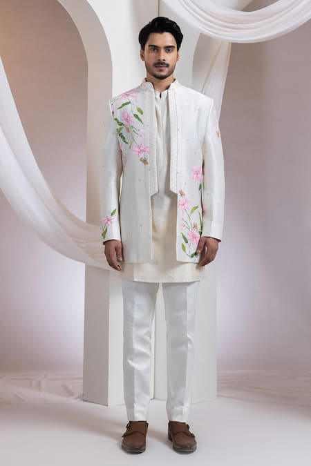 Smriti By Anju Agarwal Ivory Chanderi, Cotton Embroidery Floral Pattern Achkan Set 