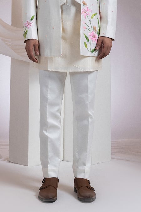 Shop Smriti By Anju Agarwal Ivory Chanderi, Cotton Embroidery Floral Pattern Achkan Set Online at Aza Fashions Shop_Smriti By Anju Agarwal_Ivory Chanderi, Cotton Embroidery Floral Pattern Achkan Set _Online_at_Aza_Fashions