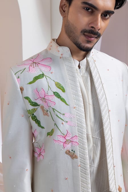 Buy Smriti By Anju Agarwal Ivory Chanderi, Cotton Embroidery Floral Pattern Achkan Set Buy_Smriti By Anju Agarwal_Ivory Chanderi, Cotton Embroidery Floral Pattern Achkan Set