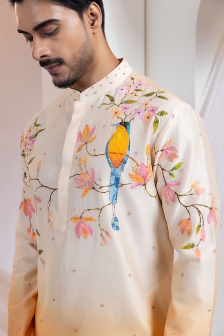 Shop Smriti By Anju Agarwal Orange Chanderi, Cotton Embroidery Sunbird Blossom Kurta With Pant Online at Aza Fashions Shop_Smriti By Anju Agarwal_Orange Chanderi, Cotton Embroidery Sunbird Blossom Kurta With Pant _Online_at_Aza_Fashions