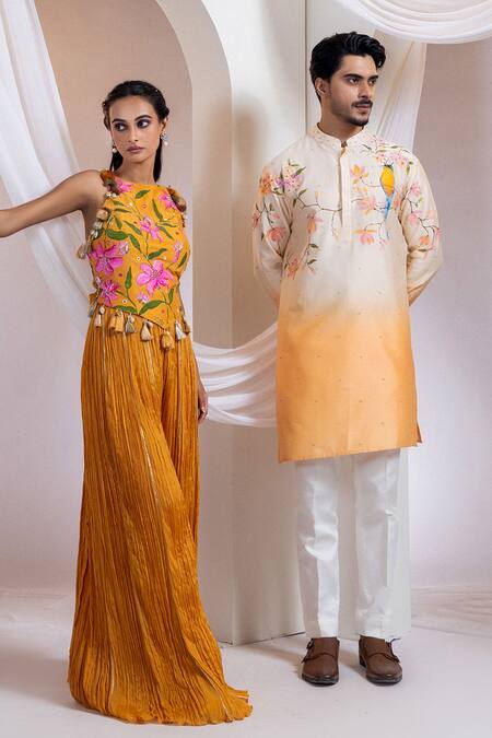 Buy Smriti By Anju Agarwal Orange Chanderi, Cotton Embroidery Sunbird Blossom Kurta With Pant Buy_Smriti By Anju Agarwal_Orange Chanderi, Cotton Embroidery Sunbird Blossom Kurta With Pant