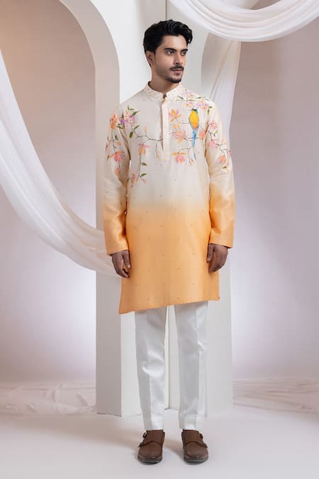 Smriti By Anju Agarwal Orange Chanderi, Cotton Embroidery Sunbird Blossom Kurta With Pant 