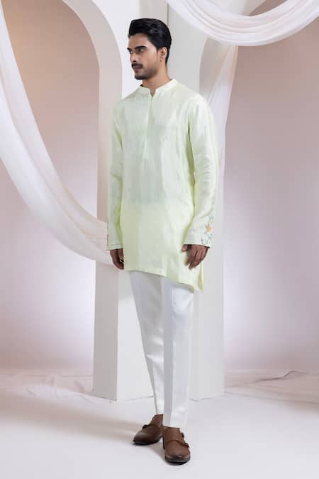 Smriti By Anju Agarwal Green Silk, Cotton Embroidery Kurta With Pant Online at Aza Fashions Smriti By Anju Agarwal_Green Silk, Cotton Embroidery Kurta With Pant _Online_at_Aza_Fashions