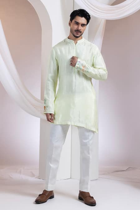 Smriti By Anju Agarwal Green Silk, Cotton Embroidery Kurta With Pant