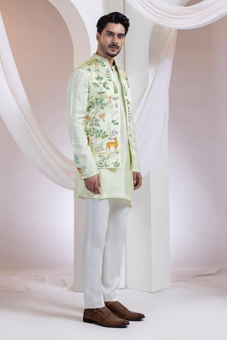 Buy Smriti By Anju Agarwal Green Linen, Satin Embroidery Forest Whim Nehru Jacket Online at Aza Fashions Buy_Smriti By Anju Agarwal_Green Linen, Satin Embroidery Forest Whim Nehru Jacket _Online_at_Aza_Fashions