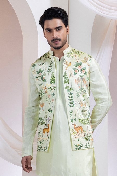 Shop Smriti By Anju Agarwal Green Linen, Satin Embroidery Forest Whim Nehru Jacket Online at Aza Fashions Shop_Smriti By Anju Agarwal_Green Linen, Satin Embroidery Forest Whim Nehru Jacket _Online_at_Aza_Fashions