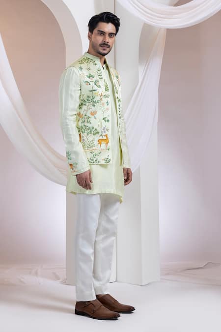 Shop Smriti By Anju Agarwal Green Silk, Cotton Embroidery Pastel Forest Mist Nerhu Jacket Kurta Set Online at Aza Fashions Shop_Smriti By Anju Agarwal_Green Silk, Cotton Embroidery Pastel Forest Mist Nerhu Jacket Kurta Set _Online_at_Aza_Fashions