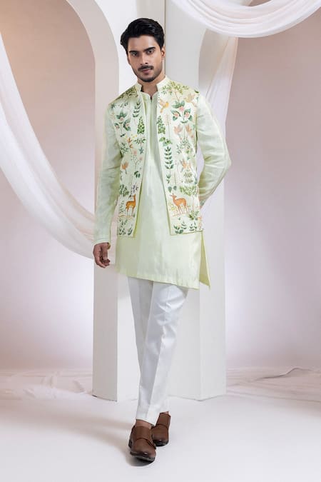 Smriti By Anju Agarwal Green Silk, Cotton Embroidery Pastel Forest Mist Nerhu Jacket Kurta Set 