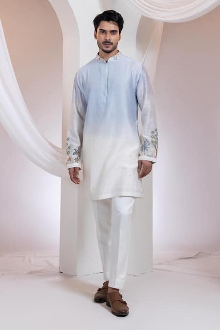 Smriti By Anju Agarwal Blue Chanderi, Cotton Embroidery Neelra Kurta Set 