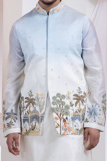Smriti By Anju Agarwal Blue Linen, Satin Embroidery Madhubani Ombre Nehru Jacket Online at Aza Fashions Smriti By Anju Agarwal_Blue Linen, Satin Embroidery Madhubani Ombre Nehru Jacket _Online_at_Aza_Fashions