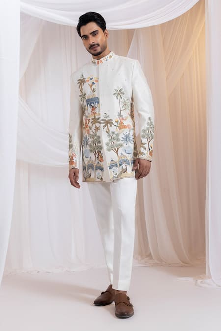 Smriti By Anju Agarwal Off White Chanderi Embroidery Darbaar Royale Jungle Pattern Bandhgala Set 