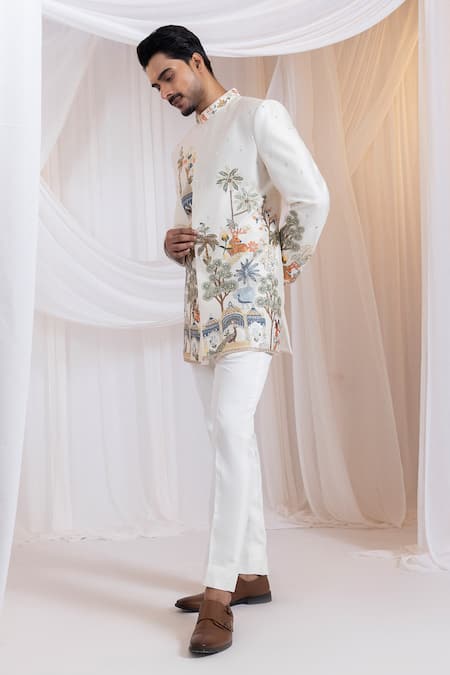 Smriti By Anju Agarwal Off White Chanderi Embroidery Darbaar Royale Jungle Pattern Bandhgala Set Online at Aza Fashions Smriti By Anju Agarwal_Off White Chanderi Embroidery Darbaar Royale Jungle Pattern Bandhgala Set _Online_at_Aza_Fashions