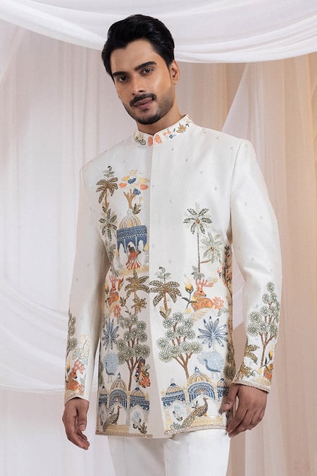 Buy Smriti By Anju Agarwal Off White Chanderi Embroidery Darbaar Royale Jungle Pattern Bandhgala Set Online at Aza Fashions Buy_Smriti By Anju Agarwal_Off White Chanderi Embroidery Darbaar Royale Jungle Pattern Bandhgala Set _Online_at_Aza_Fashions