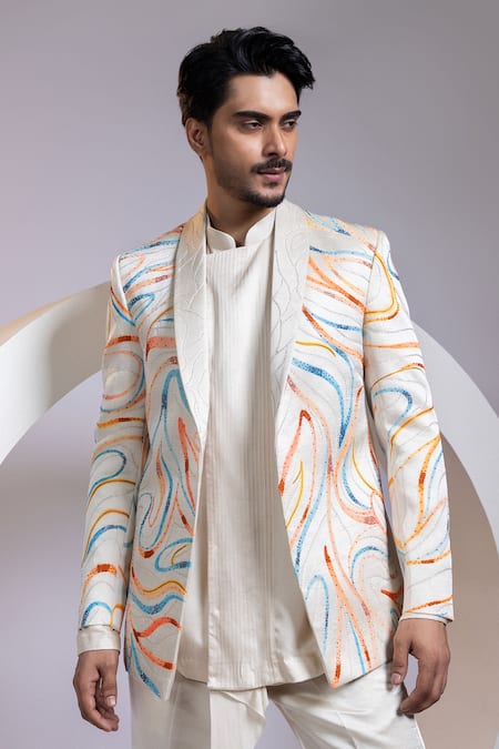 Smriti By Anju Agarwal_Off White Satin Aurora Swirl Blazer And Pant Set _Online_at_Aza_Fashions