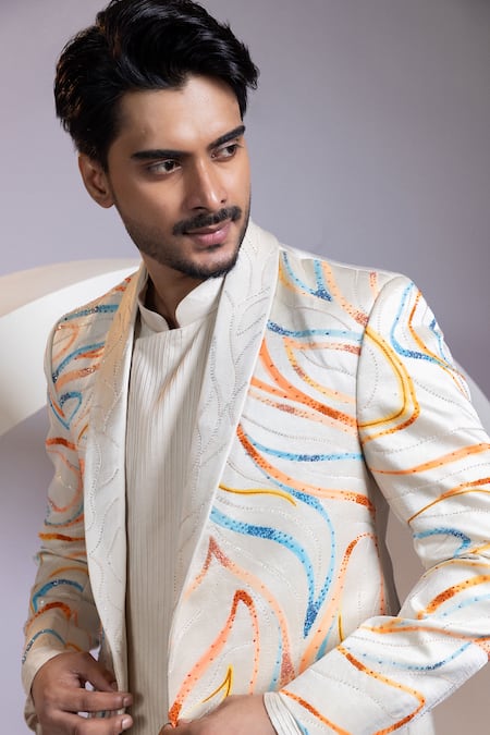 Buy_Smriti By Anju Agarwal_Off White Satin Aurora Swirl Blazer And Pant Set _Online_at_Aza_Fashions