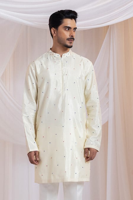 Buy Smriti By Anju Agarwal Off White Silk, Cotton Embroidery Knots Kurta With Pant Online at Aza Fashions Buy_Smriti By Anju Agarwal_Off White Silk, Cotton Embroidery Knots Kurta With Pant _Online_at_Aza_Fashions