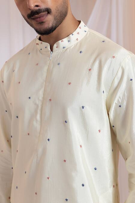 Shop Smriti By Anju Agarwal Off White Silk, Cotton Embroidery Knots Kurta With Pant Online at Aza Fashions Shop_Smriti By Anju Agarwal_Off White Silk, Cotton Embroidery Knots Kurta With Pant _Online_at_Aza_Fashions