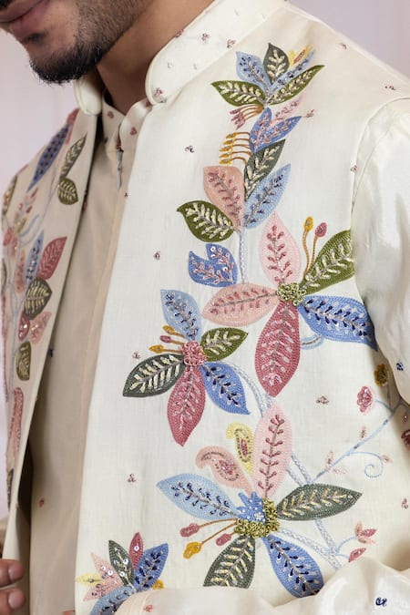 Smriti By Anju Agarwal Off White Linen, Satin Embroidery, Sequins Leafline Pattern Nehru Jacket Online at Aza Fashions Smriti By Anju Agarwal_Off White Linen, Satin Embroidery, Sequins Leafline Pattern Nehru Jacket _Online_at_Aza_Fashions