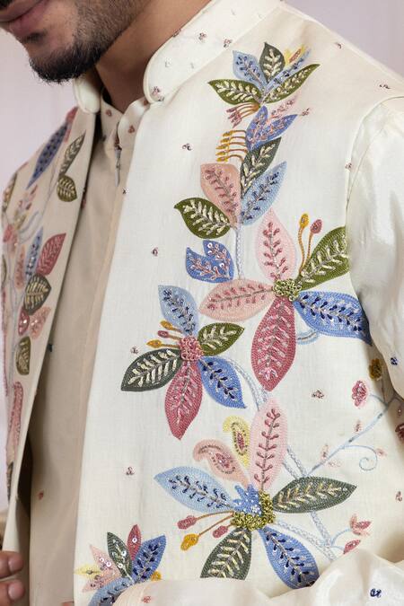 Smriti By Anju Agarwal Off White Silk, Cotton Embroidery Leafline Knots Nehru Jacket Set at Aza Fashions Smriti By Anju Agarwal_Off White Silk, Cotton Embroidery Leafline Knots Nehru Jacket Set _at_Aza_Fashions