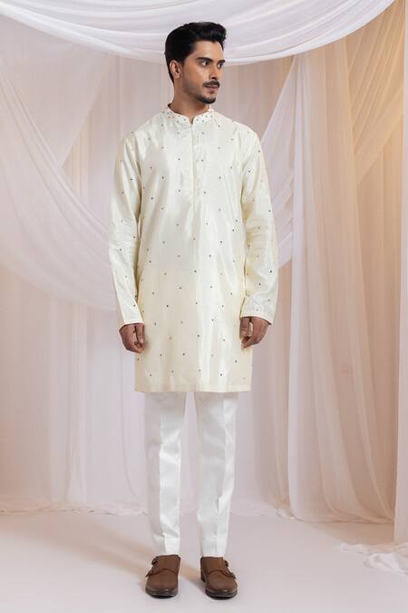 Buy Smriti By Anju Agarwal Off White Silk, Cotton Embroidery Leafline Knots Nehru Jacket Set Buy_Smriti By Anju Agarwal_Off White Silk, Cotton Embroidery Leafline Knots Nehru Jacket Set