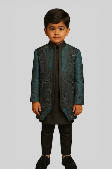 PAARSH Teal Linen, Satin, Cotton Embroidery Niroveer Achkan Set 
