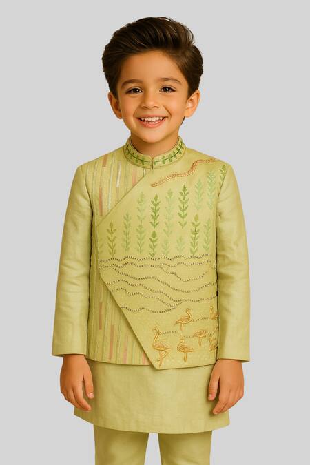 Buy_PAARSH_Lime Linen, Satin, Cotton Embroidery Vrindaavan Nehru Jacket Set _Online_at_Aza_Fashions