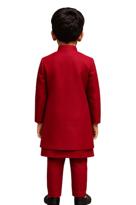 Shop PAARSH Red Linen, Satin, Cotton Embroidery Lalitra Bandhgala Set at Aza Fashions Shop_PAARSH_Red Linen, Satin, Cotton Embroidery Lalitra Bandhgala Set _at_Aza_Fashions